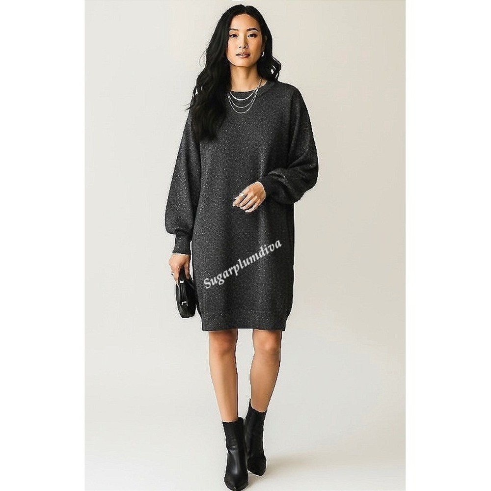 H&M Crew Neck Black Sparkle Metallic Sweater Dress MEDIUM Oversized Party NEW‎